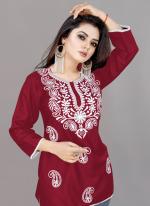 Rayon Maroon Casual Wear Embroidery Work Readymade Kurti